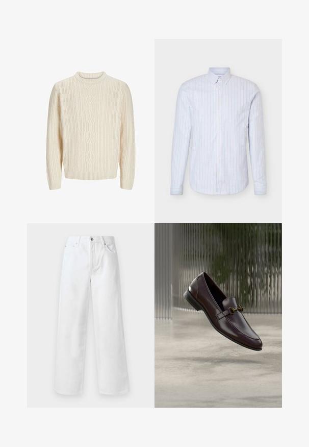 Jersey de punto color crema con un patrón acanalado texturizado, cuello redondo y puños y dobladillo acanalados. Tejido suave y grueso.; Camisa de hombre azul claro con botones, con rayas verticales blancas y finas rojas, mangas largas y cuello abotonado.; rag & bone BAGGY - Vaqueros baggy - white; Mocasín de cuero marrón con acabado liso, punta cuadrada y detalle de herrajes en tono dorado. Cuenta con un tacón bajo y detalles de costuras sutiles.