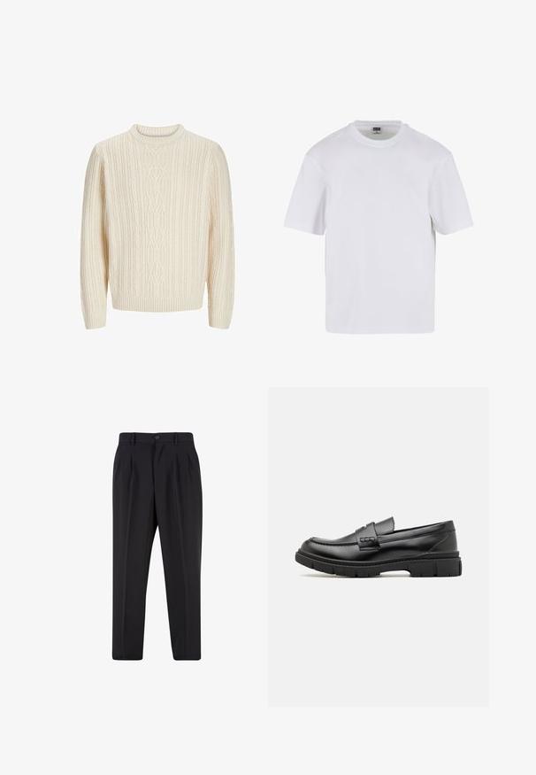 Jersey de punto color crema con un patrón acanalado texturizado, cuello redondo y puños y dobladillo acanalados. Tejido suave y grueso.; Camiseta blanca de manga corta hecha de algodón. Presenta un cuello redondo y un ajuste holgado. Textura suave, diseño minimalista, sin patrones ni adornos.; Pantalones negros a medida con pliegues delanteros, trabillas para cinturón y cierre con botón en la cintura.; Mocasin de cuero negro con una cinta ancha en el empeine, suela de goma con tacos gruesos y textura suave. Diseño clásico y elegante.