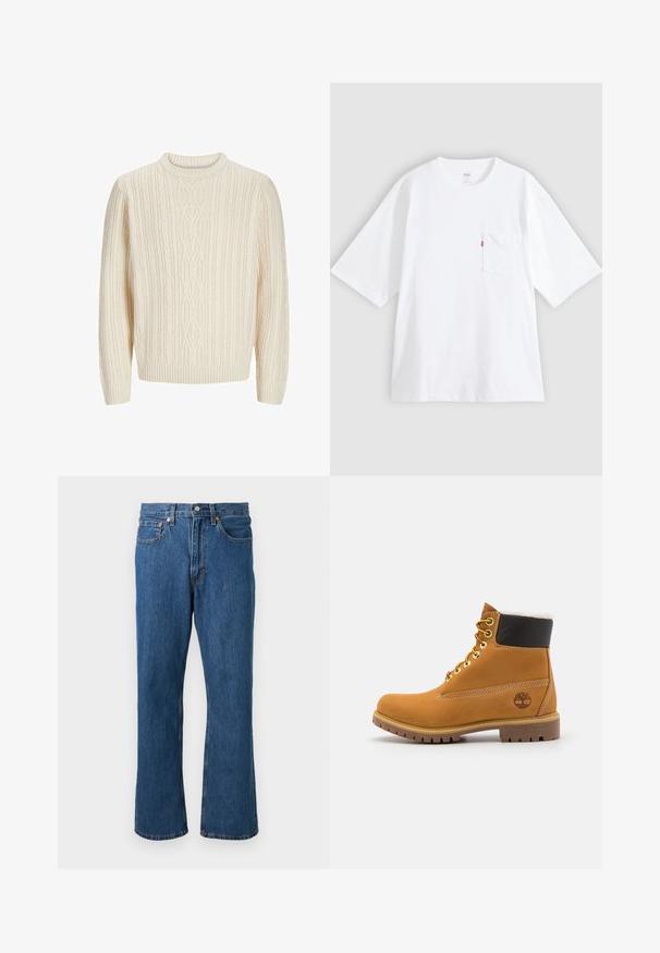 Jersey de punto color crema con un patrón acanalado texturizado, cuello redondo y puños y dobladillo acanalados. Tejido suave y grueso.; Camiseta blanca de algodón con mangas cortas, cuello redondo y bolsillo en el pecho izquierdo. Presenta una pequeña etiqueta con logo rojo en el bolsillo.; Vaqueros azules de corte recto con botón y cremallera delanteros, cinco bolsillos y detalles de costuras naranjas sobre un fondo liso.; Botín de cuero marrón con ojales de metal, forro de piel sintética blanca, cuello acolchado negro, suela resistente y logotipo en relieve en el costado.
