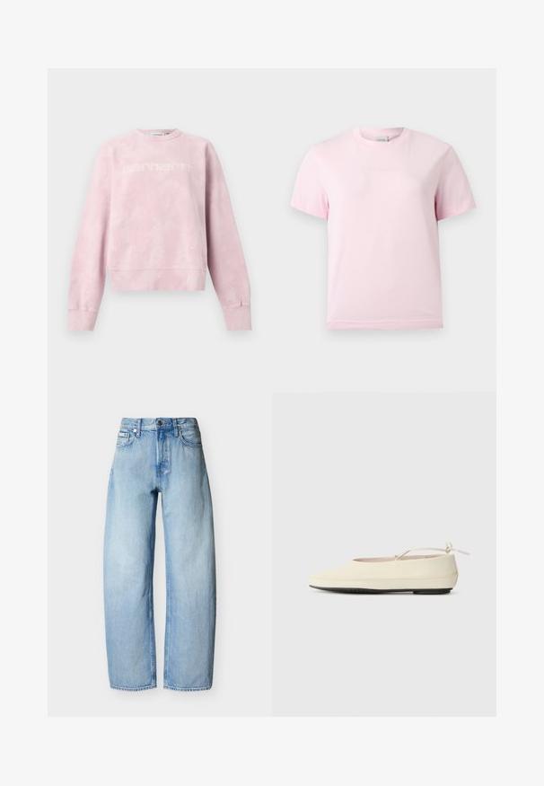 Sweat-shirt col rond rose clair avec un motif subtil de tâches blanches et un logo "Carhartt" discret sur la poitrine, présenté à plat sur fond blanc.; T-shirt rose clair à manches courtes et col rond avec un logo "Calvin Klein" en relief subtil centré sur la poitrine.; Jean en denim bleu clair à coupe droite avec cinq poches, passants pour ceinture et fermeture à bouton sur le devant.; Des chaussures plates de couleur crème avec un bout arrondi, une sangle à la cheville et une semelle en caoutchouc noir contrastante. Matériau lisse avec un detailing minimal.