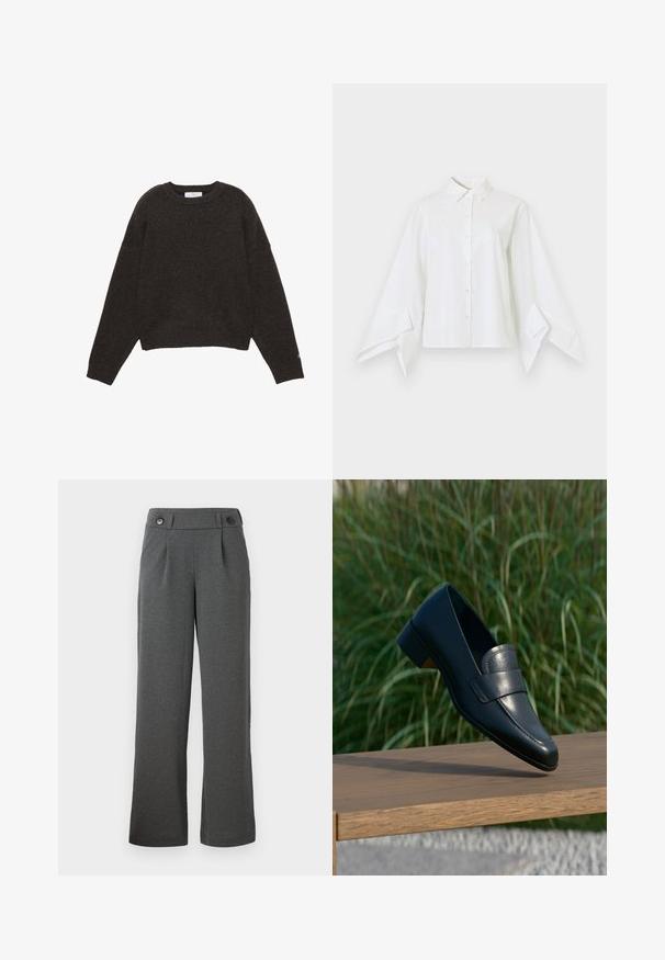 Pull gris foncé en maille avec col rond, manches longues, poignets et ourlet côtelés, posé à plat sur un fond blanc.; Chemise blanche avec un col classique et une patte de boutonnage à l'avant. Elle présente des manches longues et larges qui se resserrent aux poignets. Confectionnée dans un tissu lisse.; Pantalons large gris en tissu texturé, avec une taille haute, des plis à l'avant et deux boutons à la taille.; Mocassin en cuir noir à talon bas, en équilibre sur le bord d'un banc en bois à l'extérieur, avec de l'herbe verte et haute en arrière-plan.