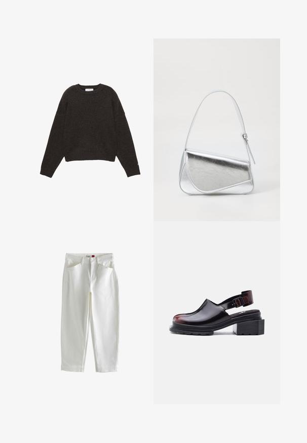 Pull gris foncé en maille avec col rond, manches longues, poignets et ourlet côtelés, posé à plat sur un fond blanc.; Pantalon en coton blanc avec une coupe droite, deux poches avant et des détails de couture discrets sur les coutures et les ourlets.; Chaussure slingback en cuir verni noir avec talon épais et bride réglable à boucle, dotée d'un bout arrondi et d'une semelle crantée.; Sac à main en métal argenté de forme triangulaire, texture lisse et fine bandoulière réglable. Présente un design rabat avec couture.