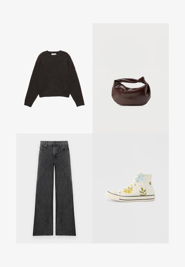 Pull gris foncé en maille avec col rond, manches longues, poignets et ourlet côtelés, posé à plat sur un fond blanc.; Jean en denim noir à jambes larges avec cinq poches et fermeture par boutons, présenté à plat sur un fond blanc.; Baskets montantes blanches avec imprimés floraux bleus, jaunes et blancs ainsi que des motifs de feuilles vertes sur la tige en toile.; Sac bandoulière en cuir marron foncé avec une forme souple et décontractée et une anse nouée torsadée sur un fond blanc uni.
