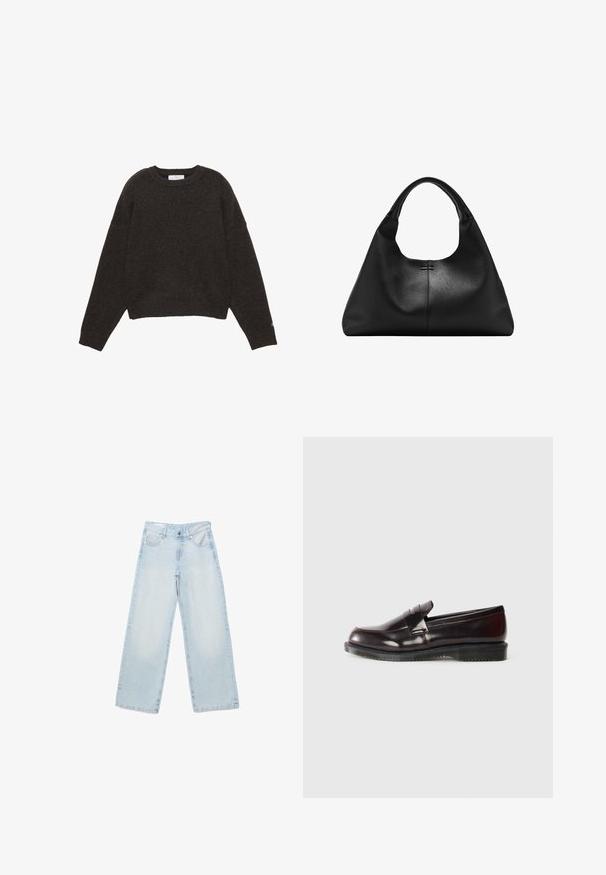 Pull gris foncé en maille avec col rond, manches longues, poignets et ourlet côtelés, posé à plat sur un fond blanc.; Jean large bleu clair avec fermeture à bouton et zip, poches avant et arrière, et légère décoloration sur les cuisses et les genoux.; Mocassins en cuir bordeaux avec une surface lisse, un détail de couture surélevé et une semelle en caoutchouc. Conçus avec un bout arrondi et un matériel minimal.; Sac à main en cuir noir texturé avec une base large et des anses épaisses et arrondies, présentant une couture verticale centrale et des détails de surpiqûres subtils.