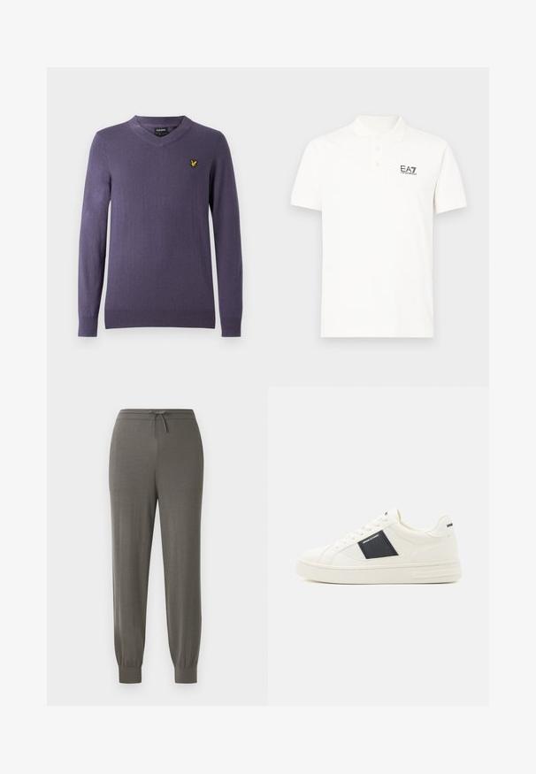 Lilla v-hals sweater lavet af blødt stof. Har lange ærmer, ribstrikkede manchetter og kant samt en lille gul logo på venstre bryst.; Hvid polo i bomuld med klassisk krave, korte ærmer og et lille sort EA7-logo på venstre bryst.; Grå joggerbukser med snoretræk i taljen, tapered manchetter, blød stofstruktur og et glat, minimalistisk design.; Hvite lærsneakers med marineblå accenter, rund tå, flad gummisål og minimalistisk design. Har branding på siden og hælen.