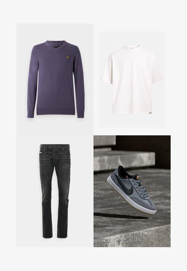 Pull violet à col en V en tissu doux. Il comprend des manches longues, des poignets et un ourlet côtelés, avec un petit logo jaune sur la poitrine gauche.; T-shirt blanc uni à manches courtes et col rond, avec une petite étiquette rectangulaire "Rebel" sur l'ourlet inférieur droit.; Jean en denim noir avec une coupe droite, présentant des déchirures au genou, un design à cinq poches et une légère décoloration de la texture du tissu.; Baskets Nike en cuir gris et daim, avec un swoosh noir, une semelle intermédiaire blanche et une semelle extérieure en caoutchouc texturé avec des accents gomme.