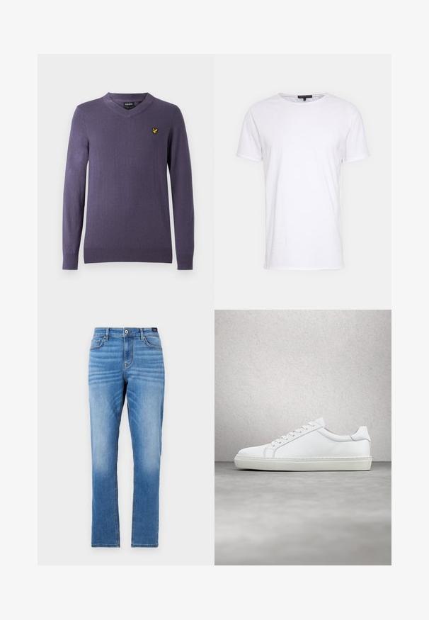 Suéter morado con cuello en V, hecho de tela suave. Cuenta con mangas largas, puños y dobladillo acanalados, con un pequeño logo amarillo en el lado izquierdo del pecho.; Camiseta de algodón blanca con cuello redondo, mangas cortas y corte recto. Presenta una textura simple y suave sin patrones adicionales.; Jeans de mezclilla azul claro con corte recto, diseño de cinco bolsillos, cierre frontal con botón y un ligero desgaste en los muslos.; Zapatilla blanca con parte superior de cuero liso y perfil bajo. Presenta una puntera redondeada, seis ojales y una suela de goma texturizada.