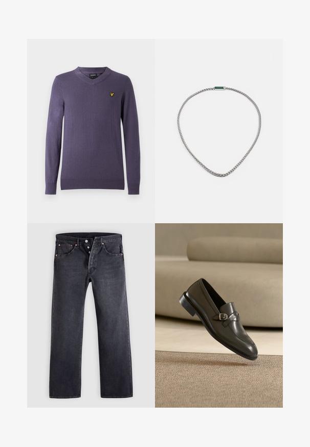 Lilla v-hals sweater lavet af blødt stof. Har lange ærmer, ribstrikkede manchetter og kant samt en lille gul logo på venstre bryst.; Sorte denimjeans med lige snit, fem-lommer design og kobberknapdetaljer. Glat tekstur med let falmet finish.; Sort læderloafer med spædedetalje, der svæver over beige tæppe, beige sofa i baggrunden, viser skosål og syning.; Sølvkæde med et fladt, vævet design. Har en rektangulær grøn accent, der reflekterer lyset med en glat tekstur.