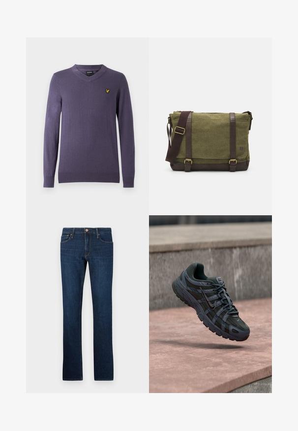 Pull violet à col en V en tissu doux. Il comprend des manches longues, des poignets et un ourlet côtelés, avec un petit logo jaune sur la poitrine gauche.; Jean en denim bleu foncé avec une coupe droite, cinq poches et fermeture à bouton à l'avant. Texture lisse avec des détails de couture subtils.; Chaussure de course Nike gris foncé avec un design en mesh et en synthétique, flottant au-dessus d'une surface en béton rosée avec un fond en pierre grise.; Sac messager en tissu vert avec des accents en cuir marron, un rabat à l'avant, une bandoulière réglable et une fermeture à glissière sur le dessus. Caractéristiques en métal doré.