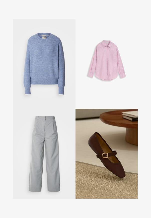 Suéter azul claro hecho de material suave y texturizado. Presenta un cuello redondo y mangas largas con puños acanalados. Diseño minimalista.; Camisa de manga larga con botonadura, con rayas verticales en rosa y blanco y cuello puntiagudo, exhibida sobre un fondo claro y sencillo.; Pantalones de pierna ancha gris hechos de un tejido texturizado, con una cintura alta, pliegues en la parte delantera y corte recto hasta el dobladillo.; Zapato plano de cuero marrón con puntera afilada y una correa decorativa con una hebilla dorada. Fondo de textura tejida en un cálido tono beige.