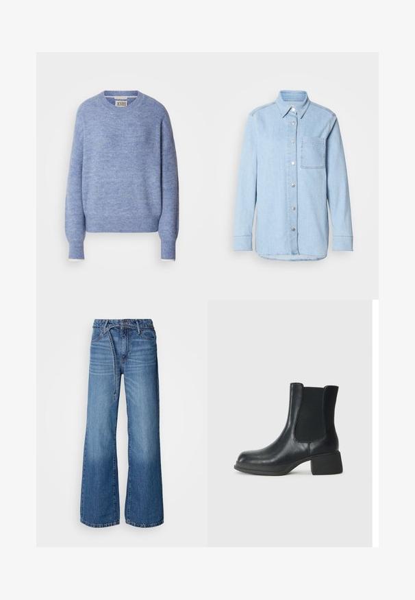Suéter azul claro hecho de material suave y texturizado. Presenta un cuello redondo y mangas largas con puños acanalados. Diseño minimalista.; Camisa de denim azul claro con botón en el frente, collar puntiagudo, un bolsillo en el pecho y mangas largas con puños abotonados.; Jeans de mezclilla de pierna ancha en un tono azul claro. Presentan una cintura alta, costuras visibles y un cinturón de lazo. Textura desgastada hacia la parte inferior.; Botín de cuero negro con paneles laterales elásticos, punta redondeada y un tacón bajo tipo bloque. La superficie tiene una textura suave y un diseño minimalista.