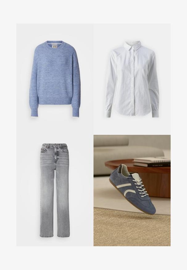 Suéter azul claro hecho de material suave y texturizado. Presenta un cuello redondo y mangas largas con puños acanalados. Diseño minimalista.; Camisa blanca de botones hecha de algodón suave, con un cuello clásico, mangas largas y un dobladillo curvado. Los botones son pequeños y blancos.; Jeans grises de cintura alta con un diseño de pierna recta, desvanecimiento ligero y un clásico estilo de cinco bolsillos con cierre de botón de metal.; Zapatilla azul de gamuza con cordones blancos y rayas, flotando sobre una alfombra beige, con una mesa de madera y libros desenfocados al fondo.