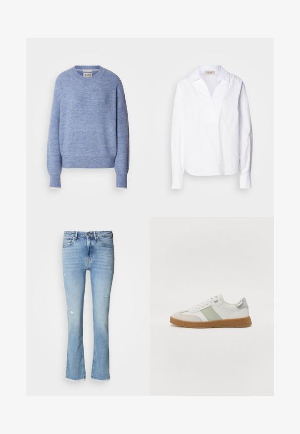 Pull léger bleu en matériau doux et texturé. Il présente un col rond et des manches longues avec des poignets côtelés. Design minimaliste.; Chemise blanche à manches longues en tissu texturé léger, dotée d'un décolleté en V, d'un col surdimensionné et de fines rayures verticales.; Jeans évasés en denim bleu clair avec détails usés, cinq poches, fermeture par bouton et ourlet effiloché aux chevilles.; TOM TAILOR Baskets basses - white/mint