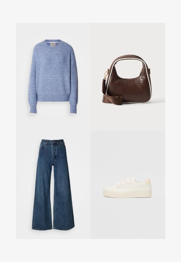 Suéter azul claro hecho de material suave y texturizado. Presenta un cuello redondo y mangas largas con puños acanalados. Diseño minimalista.; Jeans de mezclilla de pierna ancha en azul oscuro, con cintura alta, diseño de cinco bolsillos y costuras en contraste. Tejido clásico y duradero.; Zapatillas blancas con un upper de material sintético liso, tres tiras de velcro, puntera redonda y suela de goma con textura. Acento trasero en beige.; Bolso de mano de piel trenzada marrón con ribete blanco, cremallera dorada y correa de hombro de tela marrón desmontable.