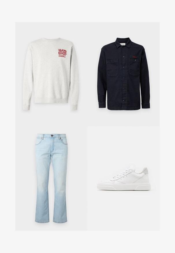 Hallhalli halliksest puuvillane sviiter, millel on ribatud mansetid ja äär, ning punane trükitud bränding rinnal. Klassikaline ümmargune kaelus.; Tume sinine denim särk pikkade varrukatega, nööpidega ees, kahe rinnataskuga ja väikese punase "REPLAY" logoga vasakul taskul.; Hele sinised teksapüksid keskmise vöökõrgusega, nööbi ja tõmblukuga, ees taskud ja veidi laienevate säärtega.; Valged nahast spordijalatsid siledast nahast viimistlusega, ümarate varvastega, lamekestega ja tekstuuriga tallaga. Hall suede aktsent kanna juures.
