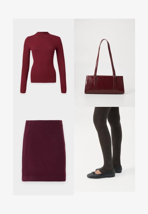 Pull ajusté en maille côtelée à manches longues de couleur rouge foncé avec un col rond haut sur fond blanc.; Vero Moda VMFORTUNALLISON SHORT - Jupe trapèze - winetasting; Jambes portant des leggings côtelés foncés associés à des ballerines noires avec de petits détails en nœud sur fond blanc.; Sac à main bordeaux en matériau brillant, de forme rectangulaire, avec deux anses et des accents légèrement courbés à l'avant.