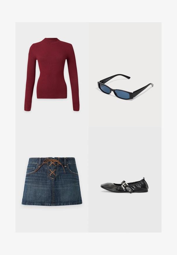 Langærmet tætsiddende ribstrikket sweater i mørkerød med høj rund hals på hvid baggrund.; Mørkeblå denim mininederdel med forlommer og brun snøredetalje ved linningen.; Sorte læder flade sko med spids tå, samling detaljer omkring åbningen, og en sølv spænde accent på den justerbare rem.; Sorte solbriller med en slank rektangulær ramme og blå linser. Har en glat overflade og robuste stænger. Mærkets logo på siden.