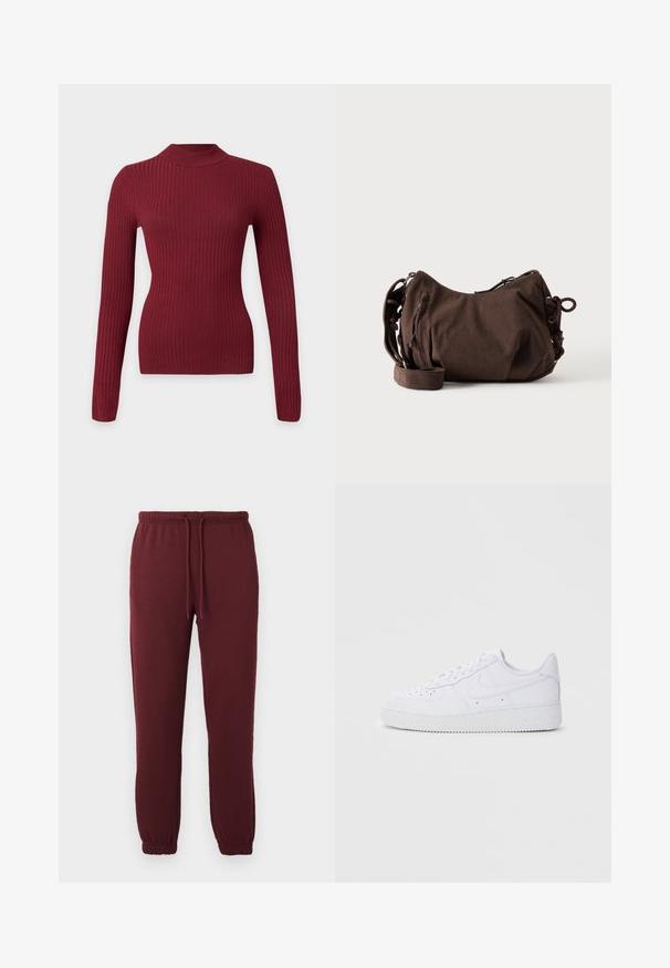 Langærmet tætsiddende ribstrikket sweater i mørkerød med høj rund hals på hvid baggrund.; Bordeaux joggingbukser med elastisk talje, snor, sidelommer og elastiske manchetter mod en ensfarvet hvid baggrund.; Hvide Nike Air Force 1 sneakers med læderoverdel, rund tå, snørelukning, polstret krave og struktureret gummisål.; Brun corduroy skuldertaske med justerbar rem, lynlåslukning og sider med snøredetaljer på hvid baggrund.