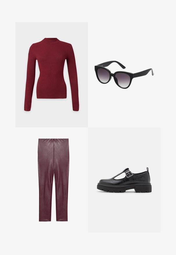 Langærmet tætsiddende ribstrikket sweater i mørkerød med høj rund hals på hvid baggrund.; Bordeaux faux læder leggings med en glat tekstur, høj talje og tætsiddende design, der strækker sig til anklerne uden yderligere detaljer.; Sort faux lædersko med krokodillestruktur, rund tå, ankelstrop med metalspænde og en kraftig gummisål.; Sorte katteøjede solbriller med gradient grå linser. Tykk, blank plastikramme og aftagende stænger. Ingen synlig branding eller udsmykninger.