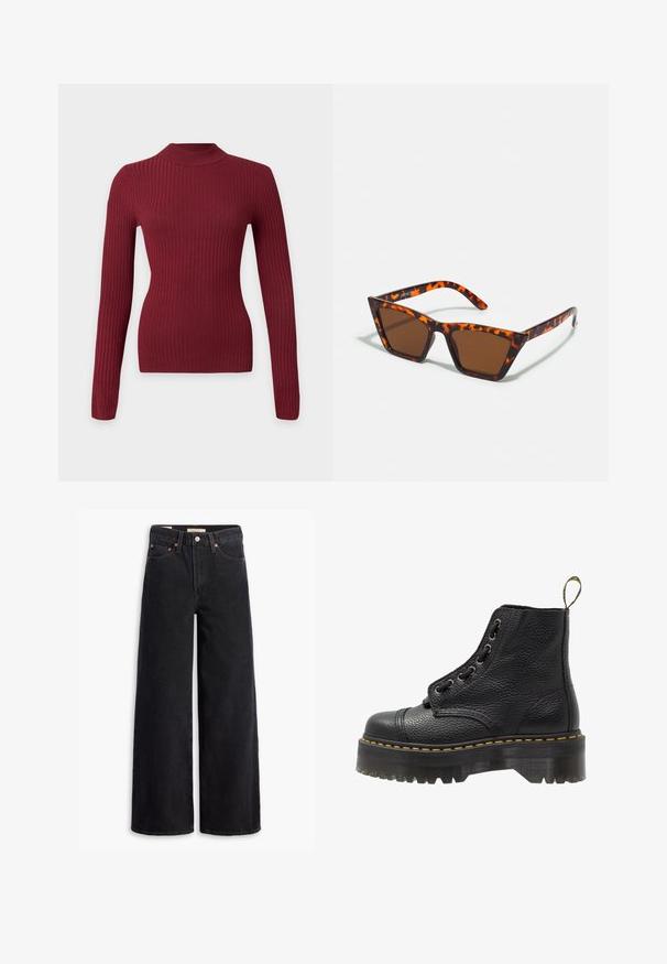 Langærmet tætsiddende ribstrikket sweater i mørkerød med høj rund hals på hvid baggrund.; Sorte brede benjeans lavet af denim, med fem lommer, kobbernitter og en klassisk knaplukning. Glat tekstur med et rent design.; Sorte læder ankelstøvler med tekstureret overflade, rund tå, snørebåndsdesign, gule stikninger og en tyk, rillet sort platformsål.; Brune tonede solbriller med et skildpadde-mønster, vinklede stel og slanke arme. Letvægts plastmateriale.