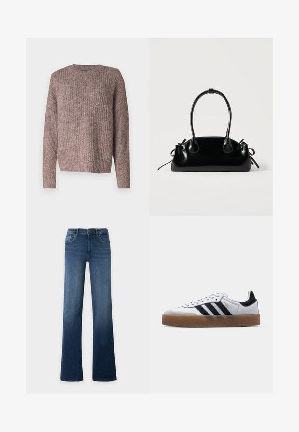 Brun, ribbet strikket sweater med lange ærmer og rund hals. Løs pasform og blød tekstur, egnet til afslappet brug.; Blå højtaljede, lige ben jeans med knap- og lynlåslukning, for- og baglommer, vist på en ensfarvet lys baggrund.; Hvide lædersneakers med sorte striber, gummirubber sål, rund tå, snørelukning og blød grå ruskinds tåhætte.; Lille sort blank håndtaske med to lange håndtag og snøre-detaljer i siden på en ensfarvet lys baggrund.