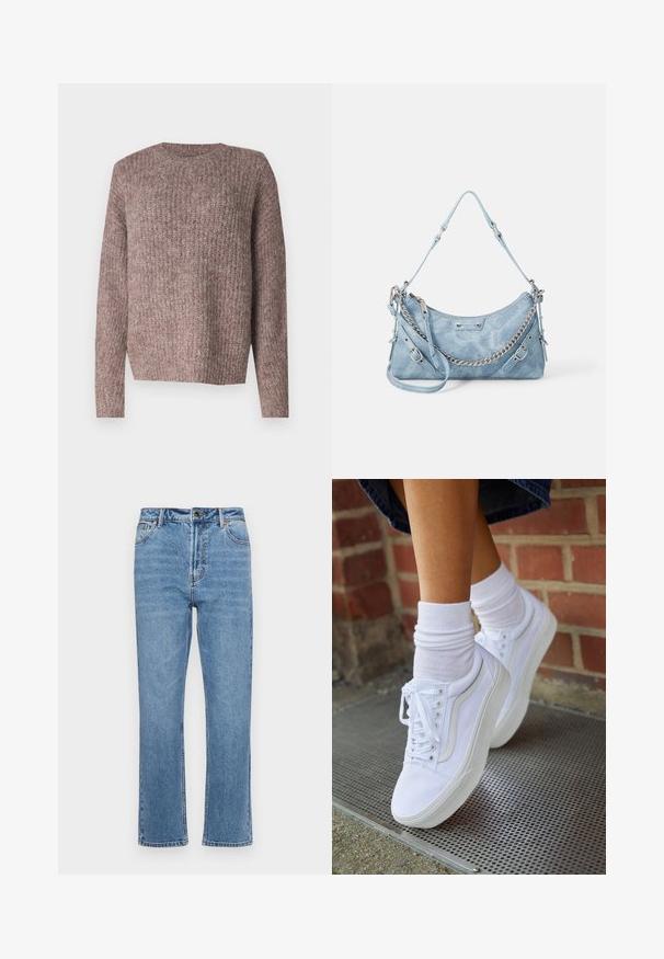 Bruine, ribgebreide trui met lange mouwen en een ronde hals. Relaxte pasvorm en zachte textuur, geschikt voor casual draagstijl.; Lichtblauwe denim jeans met een rechte pijp, vijf zakken, een sluiting met een knoop aan de voorkant en subtiele vervaging op de stof.; Witte canvas sneakers met rubberen zolen, voorzien van zes vetertjes, een ronde neus en lichte stikdetails, gecombineerd met witte enkelsokken.; ALDO FARALAELIAX - Handtas - blue