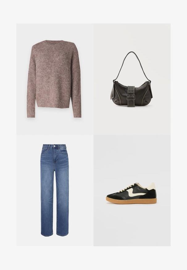 Brun, ribbet strikket sweater med lange ærmer og rund hals. Løs pasform og blød tekstur, egnet til afslappet brug.; Lyseblå denimjeans med højtaljet, lige ben, fem-lomme-design og subtile falmede detaljer i hele stoffet.; Sorte ruskinds- og lædersneakers med en cremefarvet side-swoosh og lys cremefarvet hæl. Har beige snørebånd og en gummirubber-sål.; Sort læder skuldertaske med spænde på remmen, afrundede kanter og kontrasterende hvide syninger på en ensfarvet baggrund.