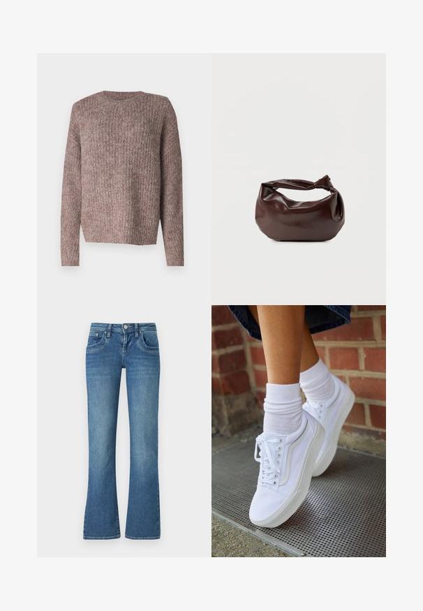 Bruine, ribgebreide trui met lange mouwen en een ronde hals. Relaxte pasvorm en zachte textuur, geschikt voor casual draagstijl.; Lichtblauwe flared jeans van denim, met een ontwerp van vijf zakken, contrasterende stiksels en een knoopsluiting in de taille.; Witte canvas sneakers met rubberen zolen, voorzien van zes vetertjes, een ronde neus en lichte stikdetails, gecombineerd met witte enkelsokken.; Donkerbruine leren schoudertas met een zachte, slungelige vorm en een gedraaide knoopvormige handgreep op een effen witte achtergrond.