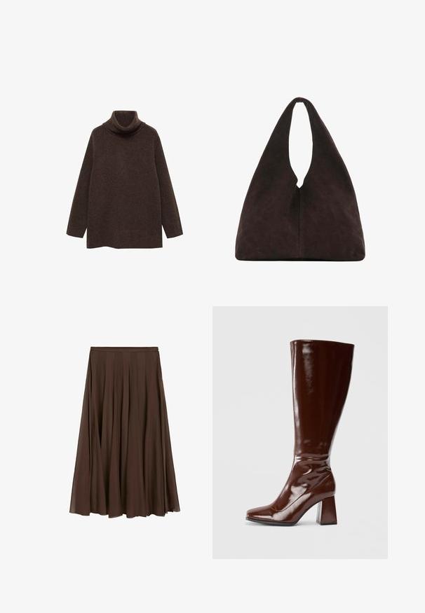 Brun turtle neck sweater lavet af blødt strikstof. Har lange ærmer og en afslappet pasform med høj krave for ekstra varme.; Brun plisseret midi-nederdel med tætsiddende linning og let, flydende stof, vist mod en hvid baggrund.; Knæhøje brune patentlæderstøvler med firkantet tå, glansfuld finish og en kraftig hæl for stabilitet. Sømløs design uden synligt hardware.; Blød mørkebrun trekantet skuldertaske med ét bredt håndtag øverst og en glat overfladestruktur.