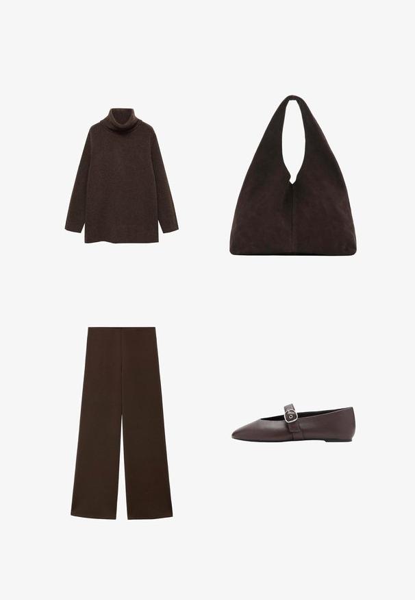 Pull turtleneck marron en tricot doux. Il présente des manches longues et une coupe décontractée avec un col haut pour plus de chaleur.; Pantalons évasés fabriqués à partir d'un tissu marron foncé et lisse. Dotés d'une taille haute et d'un design minimaliste sans embellissements.; Chaussure plate marron à bout pointu avec une bride à boucle argentée sur le dessus du pied, texture en cuir lisse et talon bas.; Sac à bandoulière triangulaire marron foncé doux avec une poignée large unique en haut et une texture de surface lisse.