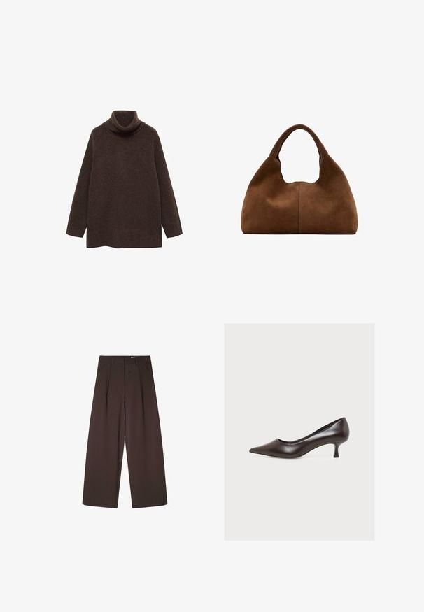Brun turtle neck sweater lavet af blødt strikstof. Har lange ærmer og en afslappet pasform med høj krave for ekstra varme.; Brune bukser med brede ben og lodrette nålestriber, med høj talje, plisseret front og en glat tekstur. Ingen synlige lukninger eller lommer.; Mørkebrun læderstilet med spids tå, lav hæl og glat finish, vist fra siden på ensfarvet hvid baggrund.; Brun ruskind hobo-taske med et bredt, afrundet håndtag og en blød, slasket form mod en hvid baggrund.