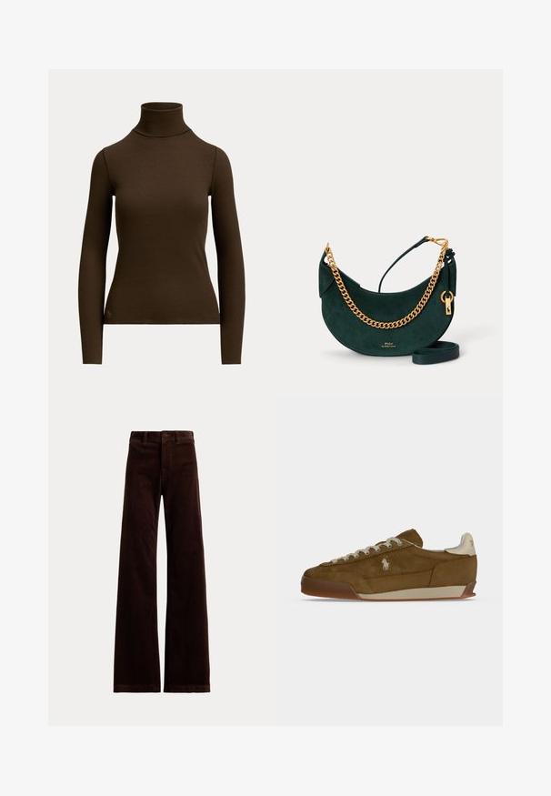 Donkerbruine, geribde, coltrui met lange mouwen, getailleerd silhouet en klein logo vlak bij de onderste zoom aan de voorkant links.; Donkerbruine wijdvallende ribfluwelen broek met lussen voor een riem en een knoopsluiting aan de voorkant op een effen achtergrond.; Bruine suède sneaker met crèmekleurige veters, dikke zool en een klein wit geborduurd logo aan de zijkant.; Donkergroene suède halfmaanhands tas met gouden kettingriem, leren schouderriem en klein gouden Polo by Ralph Lauren-logo.
