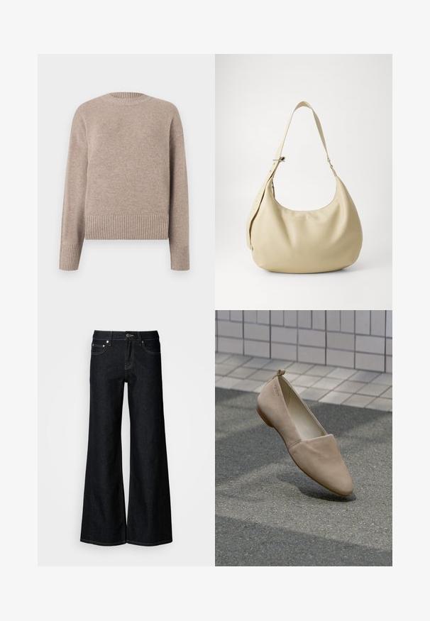 Jersey de punto beige con cuello redondo, puños y dobladillo acanalados. Textura suave y corte relajado, adecuado para uso casual.; Pantalones vaqueros de pierna ancha y denim oscuro, con cintura alta, diseño de cinco bolsillos y costuras contrastantes en color amarillo a lo largo de las costuras.; Zapato plano beige hecho de material suave, con punta afilada y diseño minimalista. Incluye un pequeño tacón y un lazo en la parte trasera.; Bolso de hombro de cuero beige con forma curva, correa ajustable y detalle de logo en relieve, que presenta una textura suave y un diseño minimalista.
