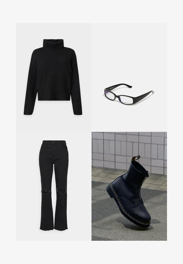 Pull à col roulé en tricot côtelé noir avec manches longues et coupe légèrement raccourcie sur un fond clair uni.; Hollister Co. Jeans Skinny - black; Bottine en cuir noir avec fermeture éclair latérale, surface texturée, surpiqûres jaunes en accent et semelle en caoutchouc.; Des lunettes rectangulaires noires avec des verres transparents. Fini brillant, branches étroites et teinte violette visible sur les bords des verres.