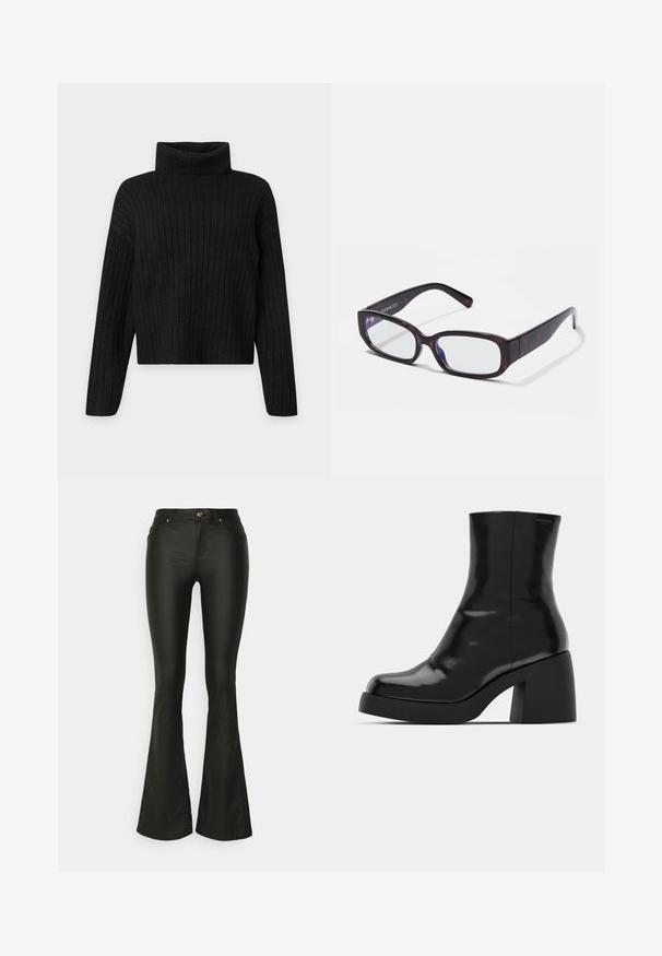 Sort ribstrikket rullekrave trøje med lange ærmer og en let cropped pasform på en ensfarvet lys baggrund.; ONLY Tall ONLBLUSH MID FLARED PANT - Bukser - black; Sorte ankelstøvler med en blank finish, firkantet tå og en tyk blokhæl. Designet har en strømlinet silhuet og minimal branding.; Brune skildpadde-rektangulære briller med klare linser og slanke arme, der viser en glat tekstur og minimalistisk design.