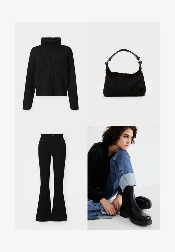 Sort ribstrikket rullekrave trøje med lange ærmer og en let cropped pasform på en ensfarvet lys baggrund.; Sorte buks med bred benåbning og høj talje, med forlommer og lynlåsdetaljer. Lavet af denim med en glat overflade.; Sorte ankelstøvler med elastiske sidepaneler, tyk sål og firkantet tå. Båret med slidte blå jeans med en frynset kant.; Sort faux fur håndtaske med en blød tekstur, rund form og en robust skulderrem i sort læder. Synlige sølvhardware-detaljer.