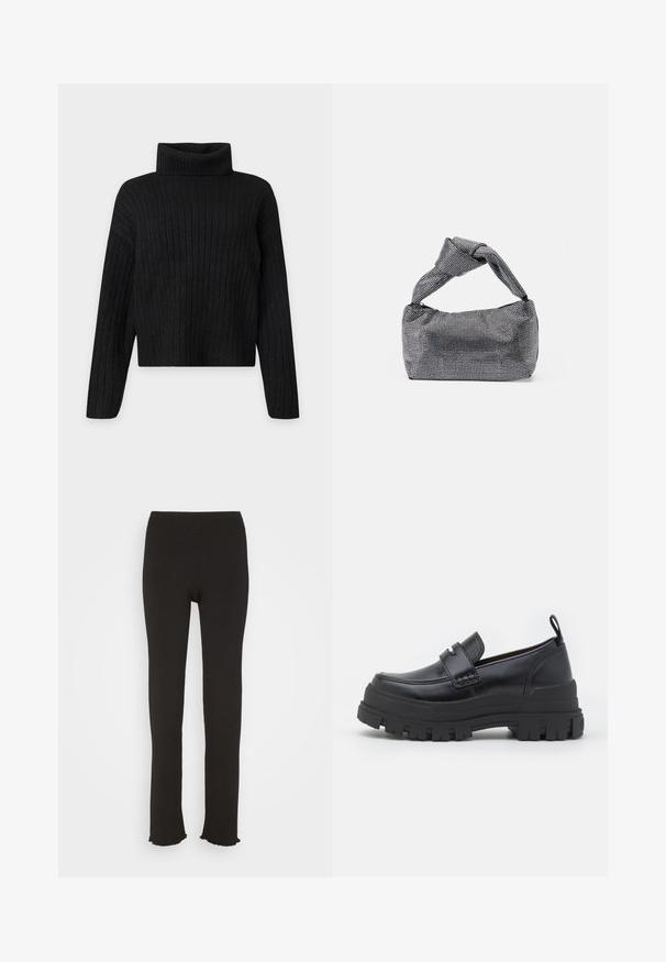 Sort ribstrikket rullekrave trøje med lange ærmer og en let cropped pasform på en ensfarvet lys baggrund.; Monki Bukser - black; Sort læderloafer med tyk rillede sål, mok tå syning, remdetalje over toppen og trækstrop på hælen, vist i sideprofil.; Sorte og sølv håndtaske med en tekstureret overflade, der har et diamantmønster, en knyttet håndtag og en struktureret form.