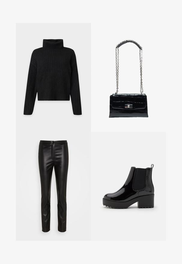 Sort ribstrikket rullekrave trøje med lange ærmer og en let cropped pasform på en ensfarvet lys baggrund.; Pieces PCMISULA PANTS - Bukser - black; Sorte patenterede læderankelstøvler med chunky gummisål og platform hæl. Har elastiske sidepaneler og en løkke til nem påtagning.; Sort håndtaske i krokodilletekstureret læder med sølvfarvet drejelås og lang sølvkæde med læder skulderpude.