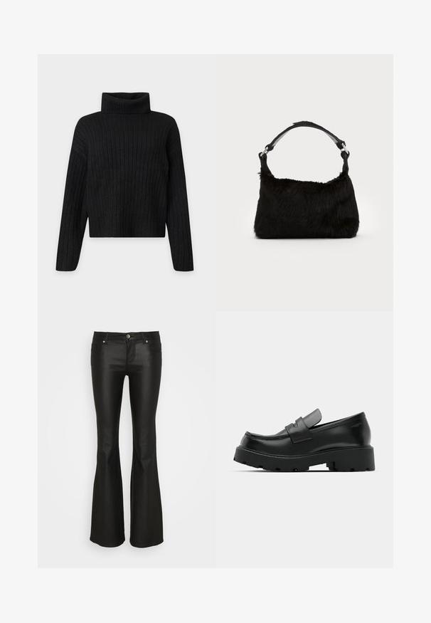 Sort ribstrikket rullekrave trøje med lange ærmer og en let cropped pasform på en ensfarvet lys baggrund.; ONLY ONLTIGER LOW WAISTED FLARED - Bukser - black; Sorte læder loafers med en chunky tekstureret sål, der har en rem over vamps og en glat, poleret finish.; Sort faux fur håndtaske med en blød tekstur, rund form og en robust skulderrem i sort læder. Synlige sølvhardware-detaljer.