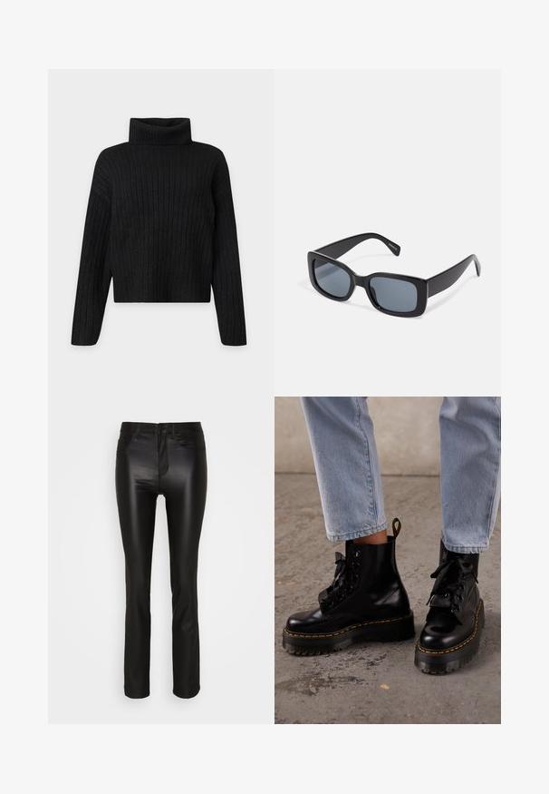 Sort ribstrikket rullekrave trøje med lange ærmer og en let cropped pasform på en ensfarvet lys baggrund.; ONLY ONLROYAL PANT - Bukser - black; Person iført lyseblå jeans og sorte læder platformssnørestøvler med gul syning på en beton gulv.; Sorte rektangulære solbriller med mørkt tonede linser, tyk plastramme og brede stænger. Glat overflade og kantet design.
