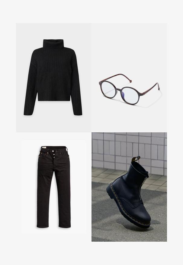 Pull à col roulé en tricot côtelé noir avec manches longues et coupe légèrement raccourcie sur un fond clair uni.; Jean noir à jambe droite avec fermeture à boutons, poches avant et arrière, et détails en rivets cuivrés sur fond blanc.; Bottine en cuir noir avec fermeture éclair latérale, surface texturée, surpiqûres jaunes en accent et semelle en caoutchouc.; Des montures de lunettes en écaille de tortue rondes avec des verres transparents et un subtil reflet de lumière bleue sur un fond blanc.