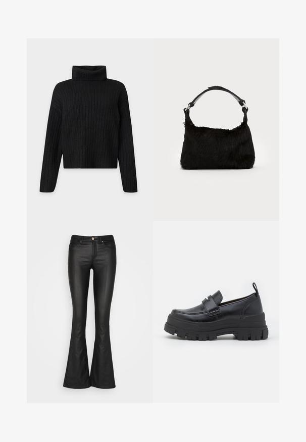 Sort ribstrikket rullekrave trøje med lange ærmer og en let cropped pasform på en ensfarvet lys baggrund.; ONLY ONLBLUSH MID FLARED - Bukser - black; Sort læderloafer med tyk rillede sål, mok tå syning, remdetalje over toppen og trækstrop på hælen, vist i sideprofil.; Sort faux fur håndtaske med en blød tekstur, rund form og en robust skulderrem i sort læder. Synlige sølvhardware-detaljer.