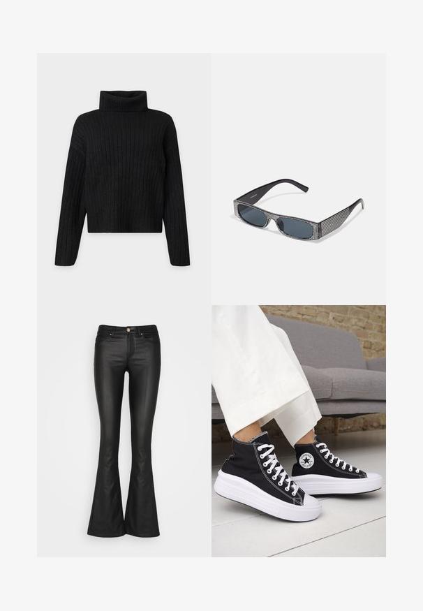 Pull à col roulé en tricot côtelé noir avec manches longues et coupe légèrement raccourcie sur un fond clair uni.; ONLY ONLBLUSH MID FLARED - Pantalon classique - black; Baskets montantes noires avec semelles et lacets en caoutchouc blanc. Dotées d'un patch logo rond et de surpiqûres blanches contrastantes. Matière en toile.; Lunettes de soleil noires avec des verres gris, ornées d'un motif en grille de petits rhinestones métalliques le long des montures. Fini lisse, design angulaire.