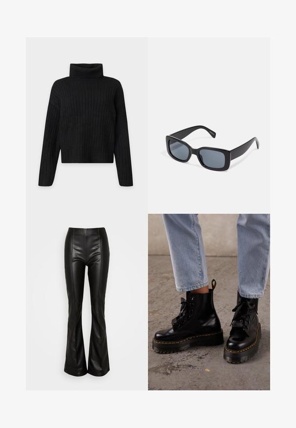 Jersey negro de punto acanalado con cuello alto, mangas largas y un ajuste ligeramente cropped sobre un fondo liso y claro.; ONLY ONLIDINA FLARE PANT - Pantalones - black; Persona que lleva puestos vaqueros azul claro y botas negras de cuero con plataforma y cordones, con costuras amarillas sobre un suelo de hormigón.; Gafas de sol rectangulares negras con lentes oscuros, montura de plástico grueso y patillas anchas. Superficie lisa y diseño anguloso.