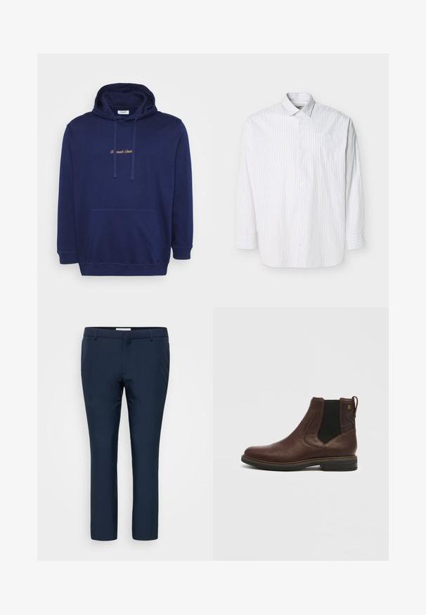 Marineblauwe hoodie met een voorzak, koordjes en geborduurde tekst in lichtbruin. Gemaakt van zachte stof met een gladde textuur.; Witte blouse met lange mouwen en verticale beige dunne strepen, met een borstzak, plat uitgestald op een lichte achtergrond.; Marineblauwe broek met een getailleerde pasvorm, gemaakt van gladde stof, voorzien van een standaard tailleband en zijzakken. Geen zichtbare patronen of accenten.; Bruine leren enkellaars Chelsea met zwarte elastische zijpanelen en een lage gestapelde hak op een witte achtergrond.