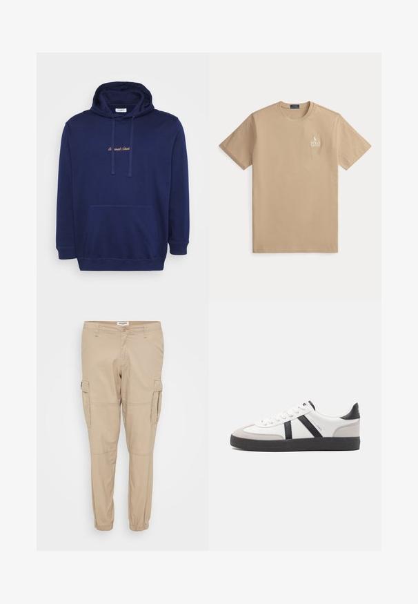 Marineblauer Pullover mit einer vorderen Tasche, Kordeln und gesticktem Text in hellbraun. Hergestellt aus weichem Stoff mit glatter Textur.; Beige Polo Ralph Lauren T-Shirt mit kurzen Ärmeln, Rundhalsausschnitt und kleinem weißem Logo auf der linken Brust.; Beige Cargo-Hosen aus leichtem Stoff, mit schmal zulaufenden Beinen, elastischen Bündchen und Seitentaschen mit Klappenverschluss für ein praktisches Design.; Weiße Sneaker mit schwarz- und grau-aczenten, ausgestattet mit einer strukturierten grauen Zehenkappe, schwarzer Gummi-Sohle und flachen weißen Schnürsenkeln. Sauberes Design, minimalistische Stil.
