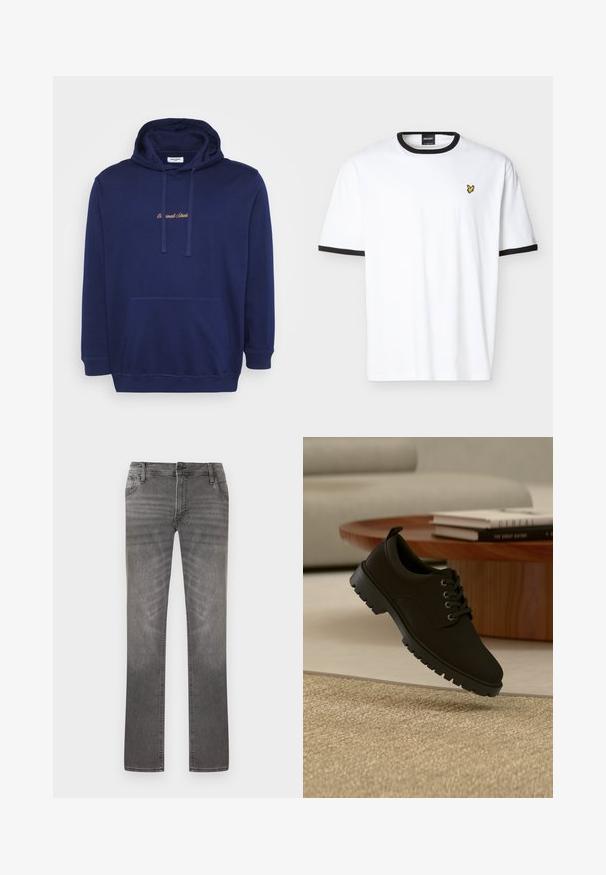 Marineblå hættetrøje med en frontlomme, snore og broderet tekst i lys brun. Fremstillet af blødt stof med en glat overflade.; Hvid T-shirt med korte ærmer, sort krave og ærmekanter, med en lille gul fuglelogo på venstre bryst.; Grå straight-leg cowboybukser med klassisk fem-lomme-design og knaplukning, let falmede på lår- og knæområderne.; sort læder snørestøvle med chunky sål svæver over en beige tæppe i en minimalistisk stueindretning
