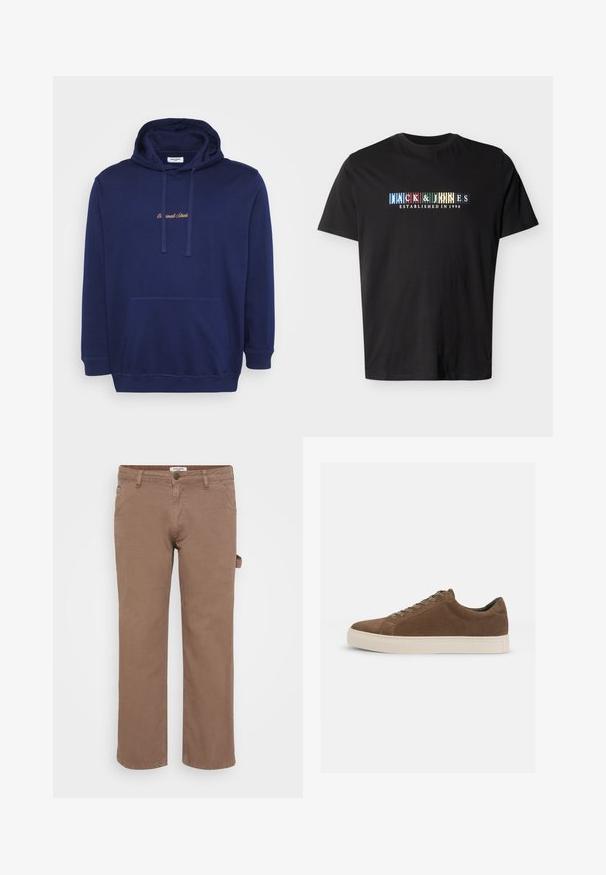 Marineblå hættetrøje med en frontlomme, snore og broderet tekst i lys brun. Fremstillet af blødt stof med en glat overflade.; Sort kortærmet T-shirt med teksten "JACK & JONES ESTABLISHED IN 1990" i farverige blokbogstaver på brystet.; Brune bomulds twill bukser med et lige ben-design. Har forlommer og en sidelommer til utility. Glat tekstur, afslappet stil.; Brune ruskind sneakers med snørebånd, beige gummisål, rund tå og subtile syninger på siderne.