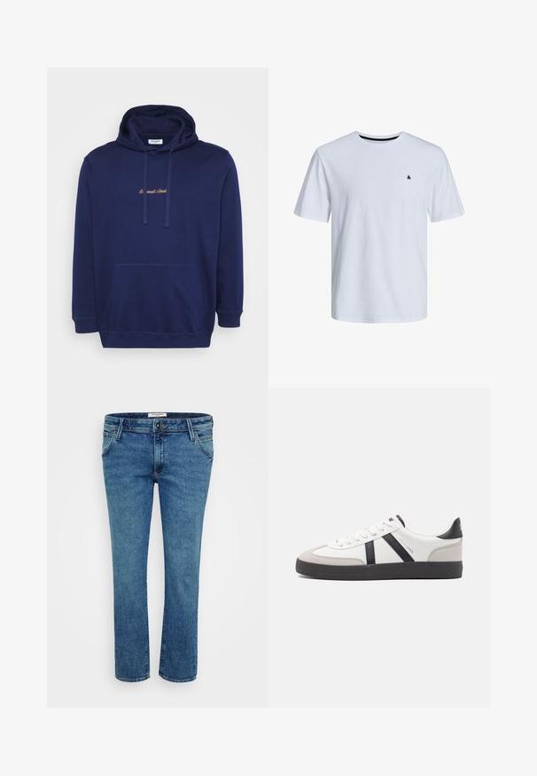 Marineblauer Pullover mit einer vorderen Tasche, Kordeln und gesticktem Text in hellbraun. Hergestellt aus weichem Stoff mit glatter Textur.; Weißes Baumwoll-T-Shirt mit kurzen Ärmeln, Rundhalsausschnitt und einem kleinen schwarzen Akzentlogo auf der linken Brustseite.; Männer Blue Straight-Leg Jeans mit vorderen und hinteren Taschen, Gürtelschlaufen und Knopfverschluss, auf einem weißen Hintergrund präsentiert.; Weiße Sneaker mit schwarz- und grau-aczenten, ausgestattet mit einer strukturierten grauen Zehenkappe, schwarzer Gummi-Sohle und flachen weißen Schnürsenkeln. Sauberes Design, minimalistische Stil.