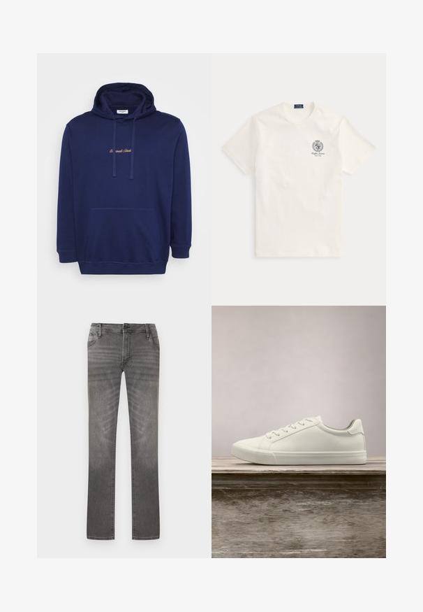 Marineblauer Pullover mit einer vorderen Tasche, Kordeln und gesticktem Text in hellbraun. Hergestellt aus weichem Stoff mit glatter Textur.; Weißes kurzärmeliges Ralph Lauren T-Shirt mit kleinem dunklem Emblem und "Ralph Lauren New York" Text auf der linken Brust.; Grau Straight-Leg Denim-Jeans mit klassischem Fünf-Taschen-Design und Knopfverschluss, leicht ausgebleicht an Oberschenkel- und Kniebereichen.; Weiße Schnürsneaker, die über einer Holzbank mit grünem Laub im Hintergrund schweben und das Schuhdesign sowie die Textur zeigen.